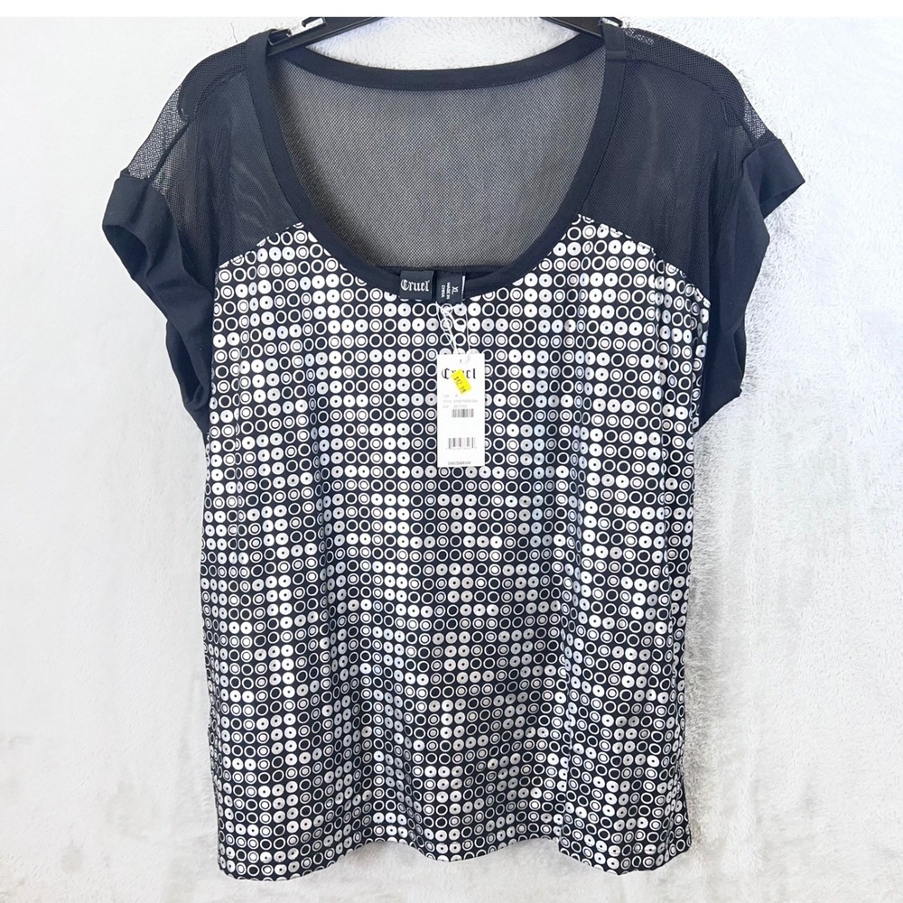Cruel XL Black Silver Metallic Circle Print Mesh Yoke Top Western Boho Goth Punk